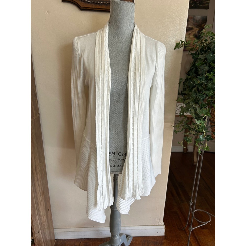 Long Cardigan Sweater Women Medium Cream Ivory Casual Ribbed Open Front Shawl